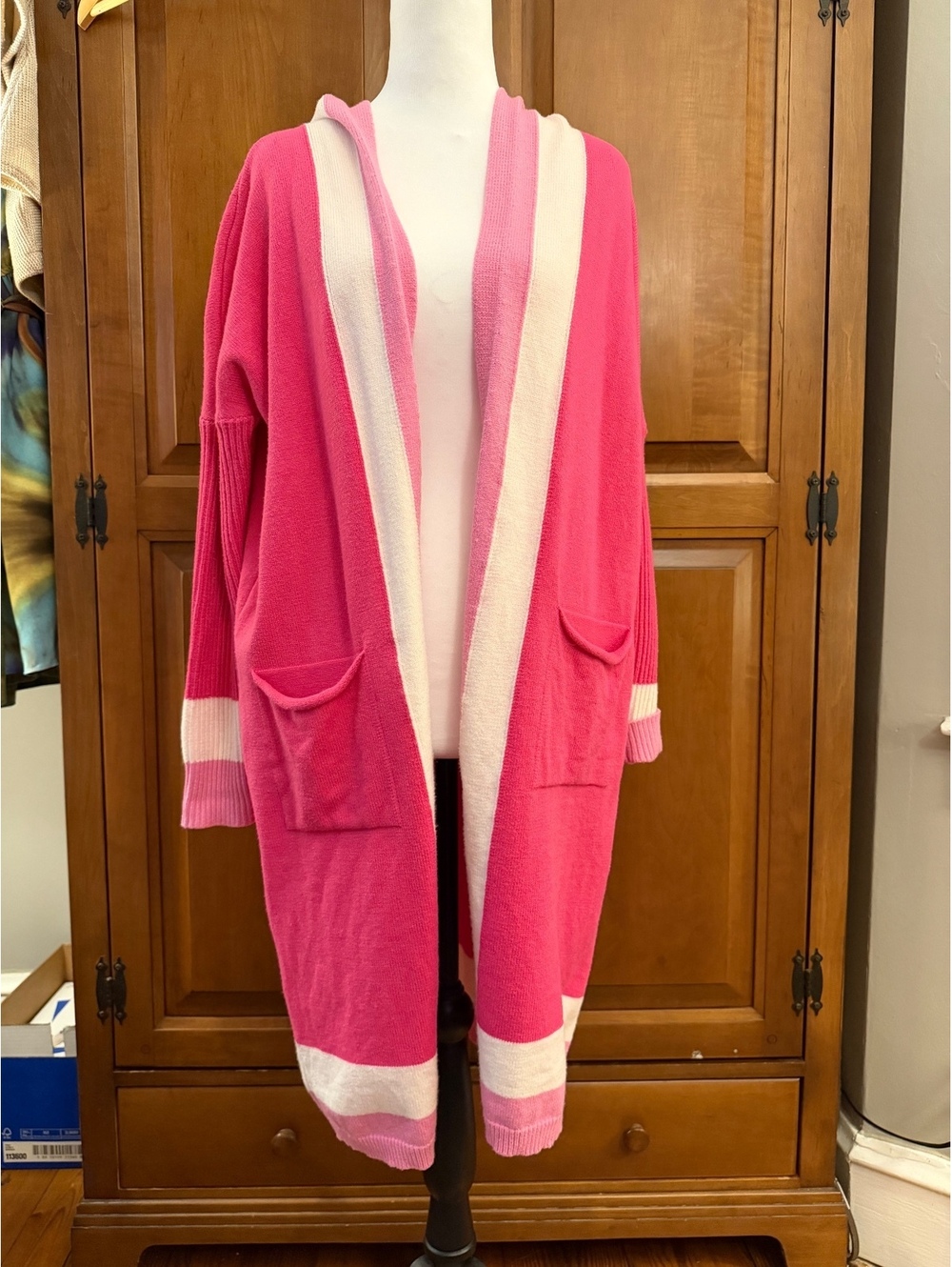 Pink and white hooded long cardigan
